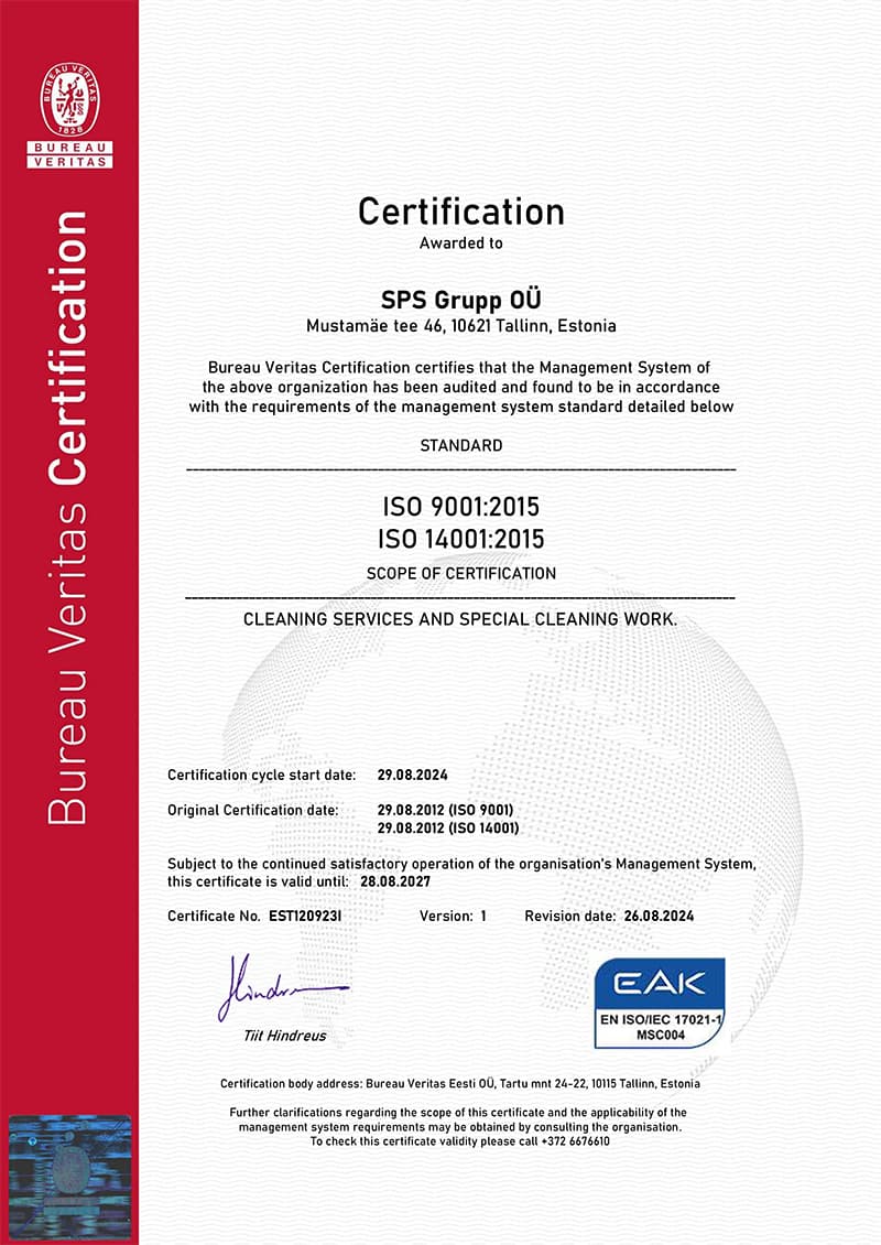 SPS Grupp ISO 9001 ja ISO 14001